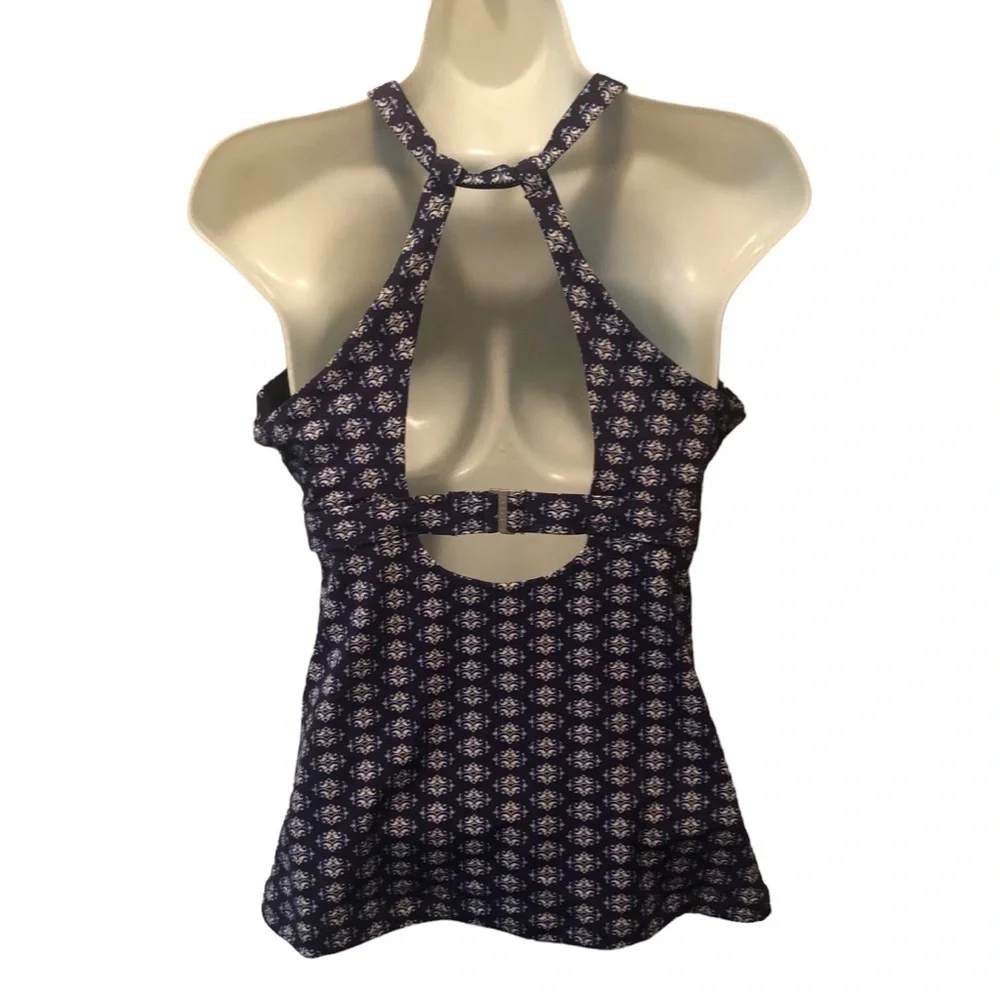 Athleta Tangier Tankini 36D/DD Blue Printed High Neck Swim Underwire Bra Cut Out